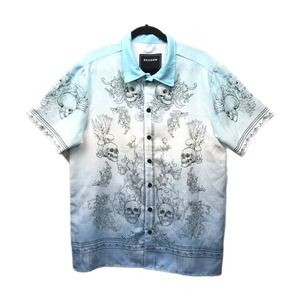 Reason NY Shirt Mens Size L Blue Skulls Roses All Over Print Lightweight